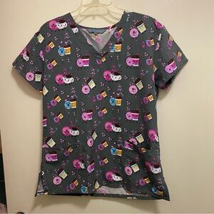 Serene Uniforms Womens Scrubs Scrub Top Shirt M 40” Gray Donuts & Coffee Print